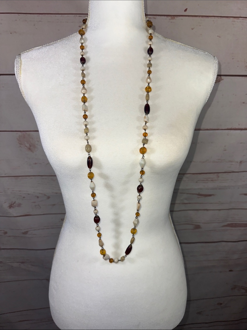 Long Beaded Necklace in Amber, Brown, and Cream